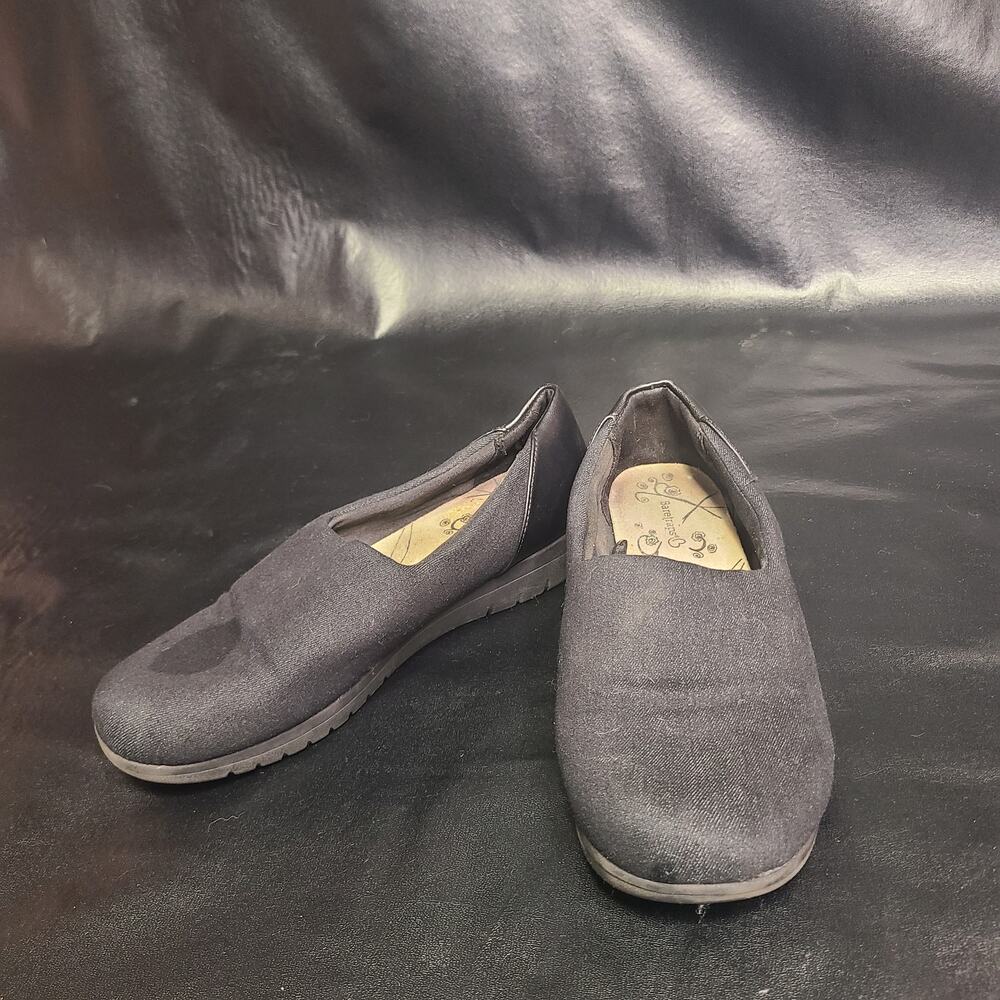 baretraps black denim faux leather slides size 8w
